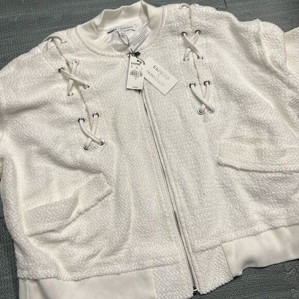 New nwt EXPRESS SALE OLIVIA CULPO LACE UP JACKET solid white zip bomber zip up - Picture 9 of 10